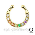 16G Colorful Rhinestone Gold Plated Clip On Fake Piercing Septum
